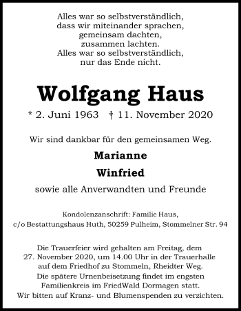 Anzeige von Wolfgang Haus von Kölner Stadt-Anzeiger / Kölnische Rundschau / Express