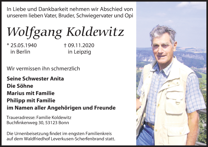  Traueranzeige für Wolfgang Koldewitz vom 21.11.2020 aus Kölner Stadt-Anzeiger / Kölnische Rundschau / Express