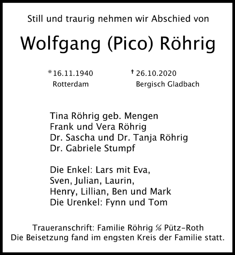  Traueranzeige für Wolfgang Röhrig vom 20.11.2020 aus  Bergisches Handelsblatt 
