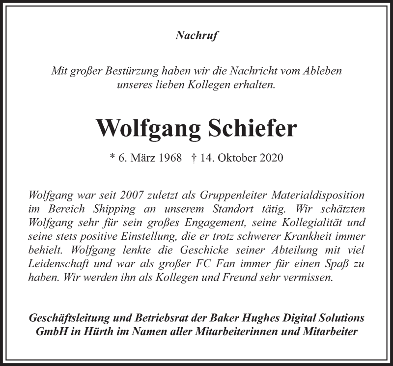  Traueranzeige für Wolfgang Schiefer vom 13.11.2020 aus  Werbepost 