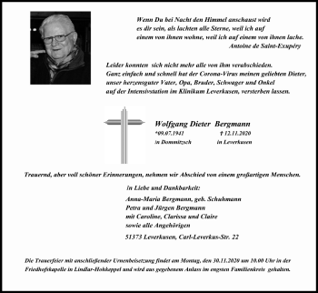 Anzeige von Wolfgang Dieter Bergmann von Kölner Stadt-Anzeiger / Kölnische Rundschau / Express