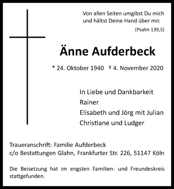 Anzeige von Änne Aufderbeck von  Kölner Wochenspiegel 