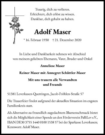 Anzeige von Adolf Maser von Kölner Stadt-Anzeiger / Kölnische Rundschau / Express