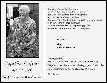 Anzeige von Agathe Kufner von Kölner Stadt-Anzeiger / Kölnische Rundschau / Express