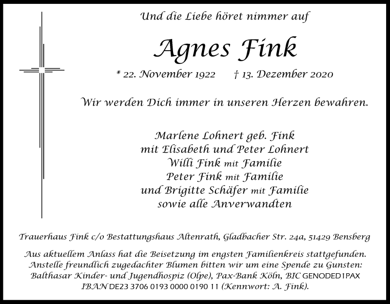  Traueranzeige für Agnes Fink vom 23.12.2020 aus Kölner Stadt-Anzeiger / Kölnische Rundschau / Express