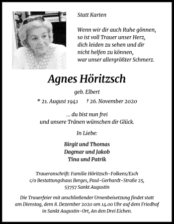 Anzeige von Agnes Höritzsch von Kölner Stadt-Anzeiger / Kölnische Rundschau / Express