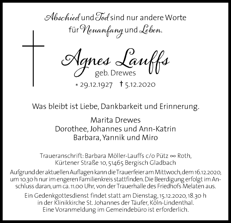  Traueranzeige für Agnes Lauffs vom 09.12.2020 aus Kölner Stadt-Anzeiger / Kölnische Rundschau / Express