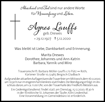 Anzeige von Agnes Lauffs von Kölner Stadt-Anzeiger / Kölnische Rundschau / Express
