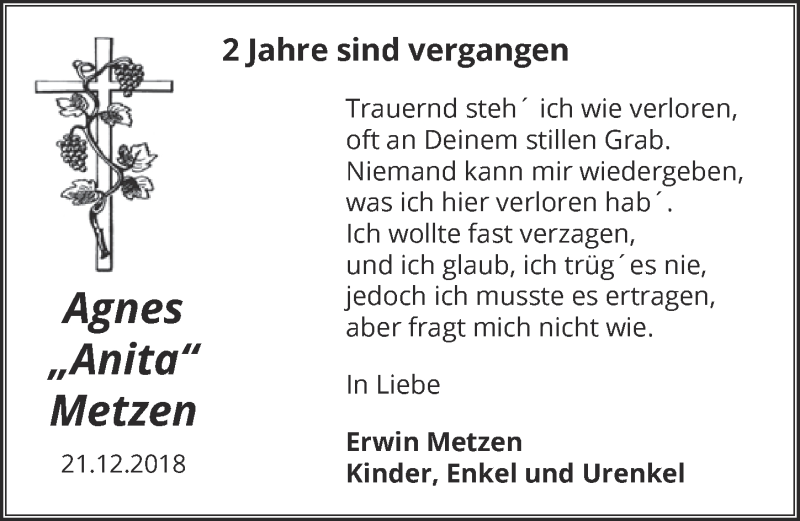  Traueranzeige für Agnes Metzen vom 19.12.2020 aus  Blickpunkt Euskirchen 