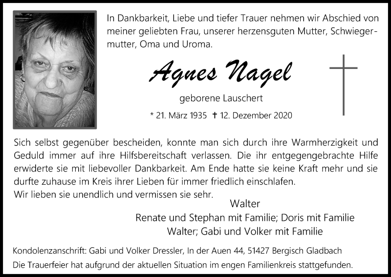  Traueranzeige für Agnes Nagel vom 19.12.2020 aus Kölner Stadt-Anzeiger / Kölnische Rundschau / Express