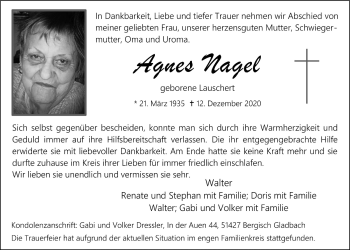 Anzeige von Agnes Nagel von  Bergisches Handelsblatt 