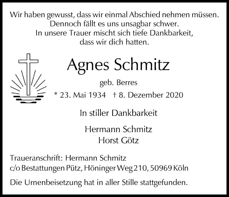  Traueranzeige für Agnes Schmitz vom 19.12.2020 aus Kölner Stadt-Anzeiger / Kölnische Rundschau / Express