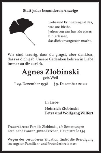 Anzeige von Agnes Zlobinski von  Wochenende 