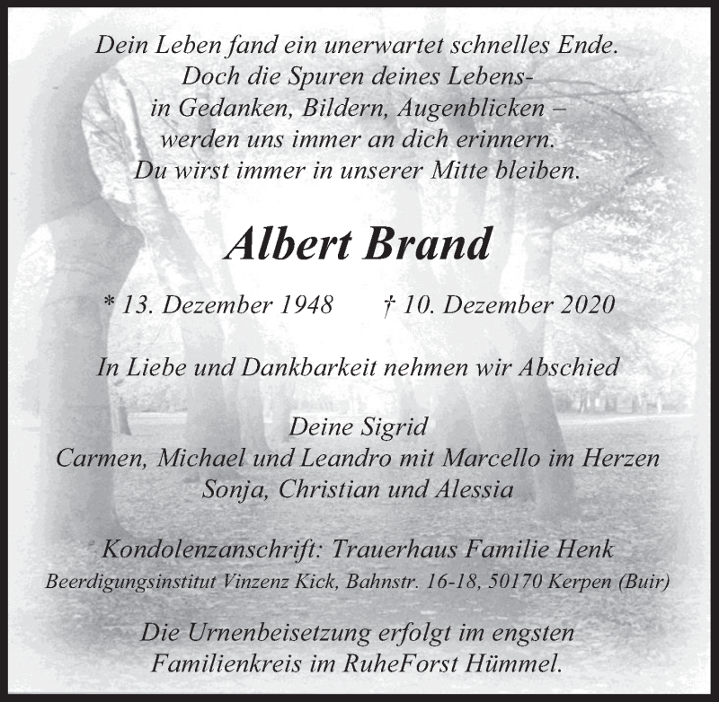  Traueranzeige für Albert Brand vom 18.12.2020 aus  Werbepost 