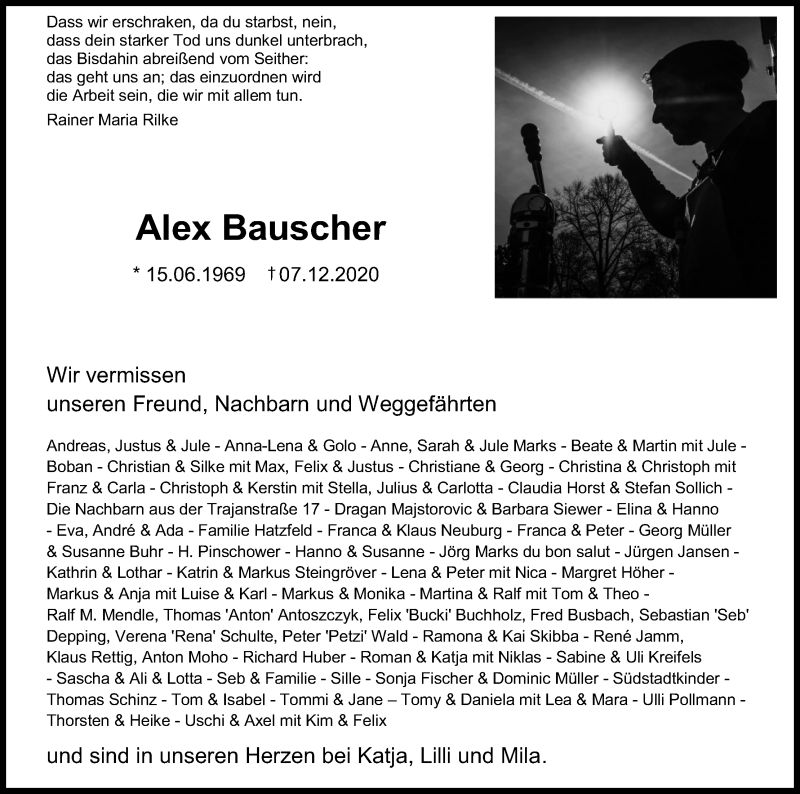  Traueranzeige für Alex Bauscher vom 24.12.2020 aus Kölner Stadt-Anzeiger / Kölnische Rundschau / Express
