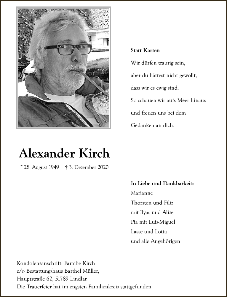  Traueranzeige für Alexander Kirch vom 18.12.2020 aus  Anzeigen Echo 