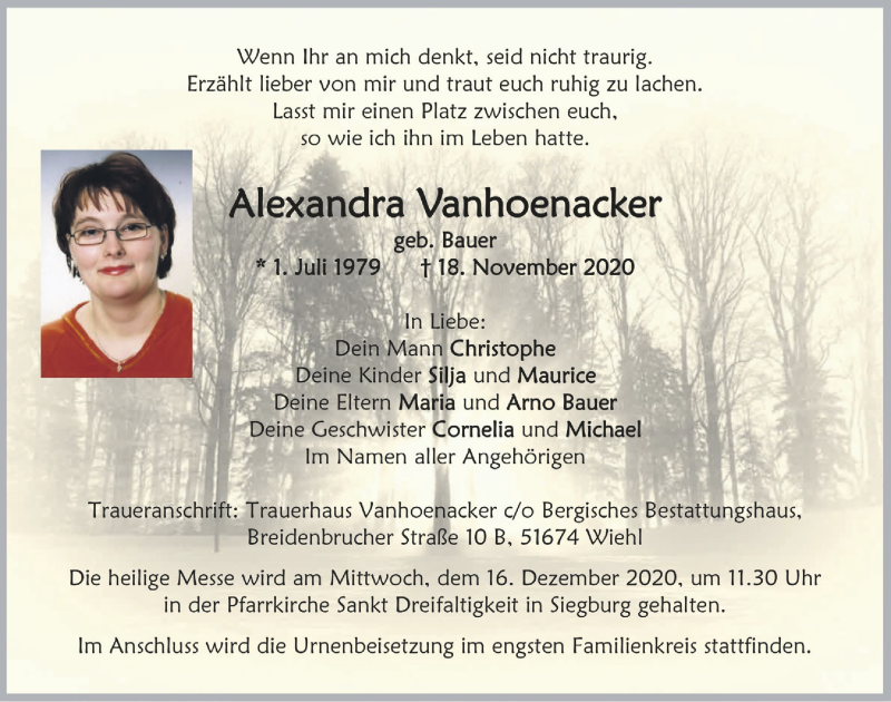  Traueranzeige für Alexandra Vanhoenacker vom 11.12.2020 aus  Extra Blatt 