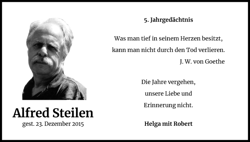  Traueranzeige für Alfred Steilen vom 23.12.2020 aus Kölner Stadt-Anzeiger / Kölnische Rundschau / Express