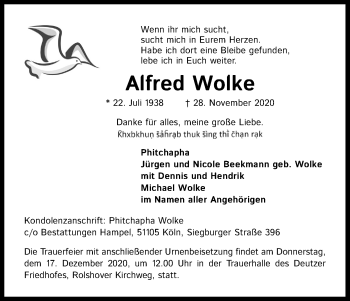Anzeige von Alfred Wolke von Kölner Stadt-Anzeiger / Kölnische Rundschau / Express
