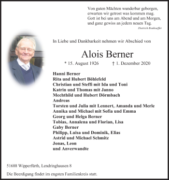 Anzeige von Alois Berner von Kölner Stadt-Anzeiger / Kölnische Rundschau / Express