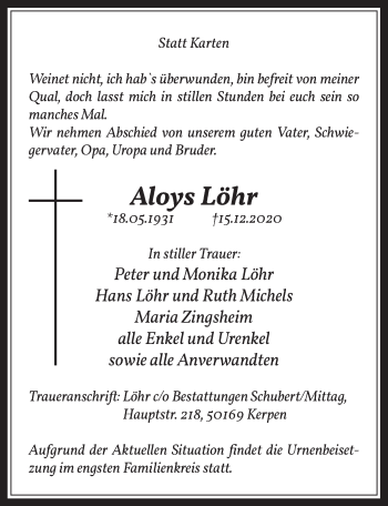 Anzeige von Aloys Löhr von  Werbepost 