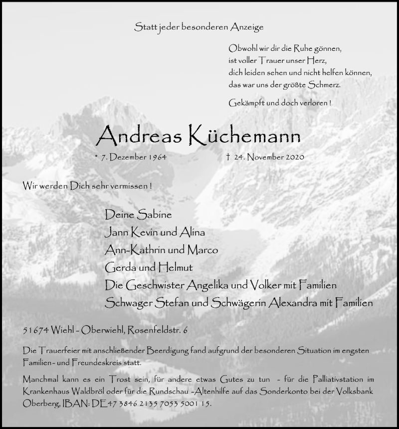  Traueranzeige für Andreas Küchemann vom 04.12.2020 aus  Anzeigen Echo 