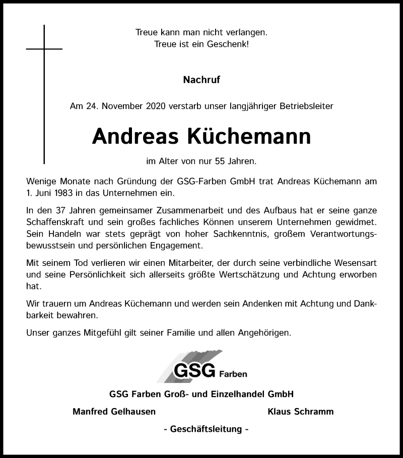  Traueranzeige für Andreas Küchemann vom 12.12.2020 aus Kölner Stadt-Anzeiger / Kölnische Rundschau / Express