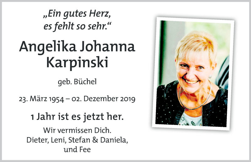  Traueranzeige für Angelika Johanna Karpinski vom 02.12.2020 aus Kölner Stadt-Anzeiger / Kölnische Rundschau / Express