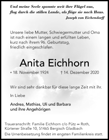 Anzeige von Anita Eichhorn von Kölner Stadt-Anzeiger / Kölnische Rundschau / Express