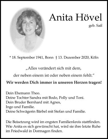 Anzeige von Anita Hövel von Kölner Stadt-Anzeiger / Kölnische Rundschau / Express