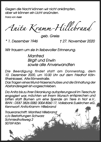 Anzeige von Anita Kramm-Hillebrand von Kölner Stadt-Anzeiger / Kölnische Rundschau / Express