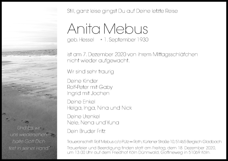  Traueranzeige für Anita Meebus vom 12.12.2020 aus Kölner Stadt-Anzeiger / Kölnische Rundschau / Express