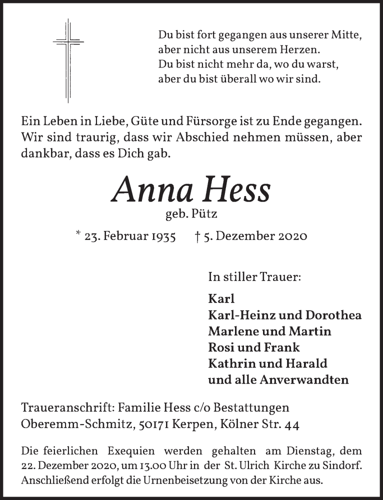  Traueranzeige für Anna Hess vom 18.12.2020 aus  Werbepost 