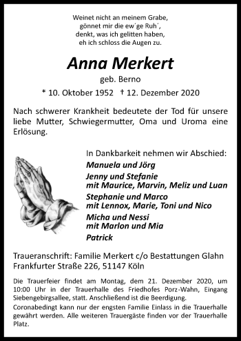 Anzeige von Anna Merkert von  Kölner Wochenspiegel 