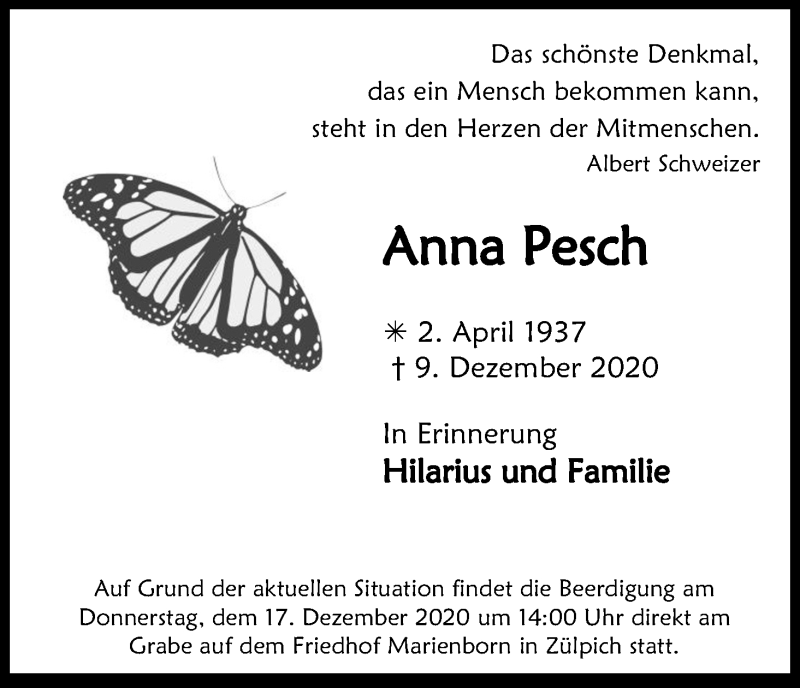 Traueranzeige für Anna Pesch vom 16.12.2020 aus Kölner Stadt-Anzeiger / Kölnische Rundschau / Express