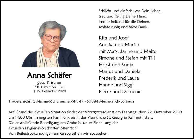  Traueranzeige für Anna Schäfer vom 19.12.2020 aus  Blickpunkt Euskirchen 