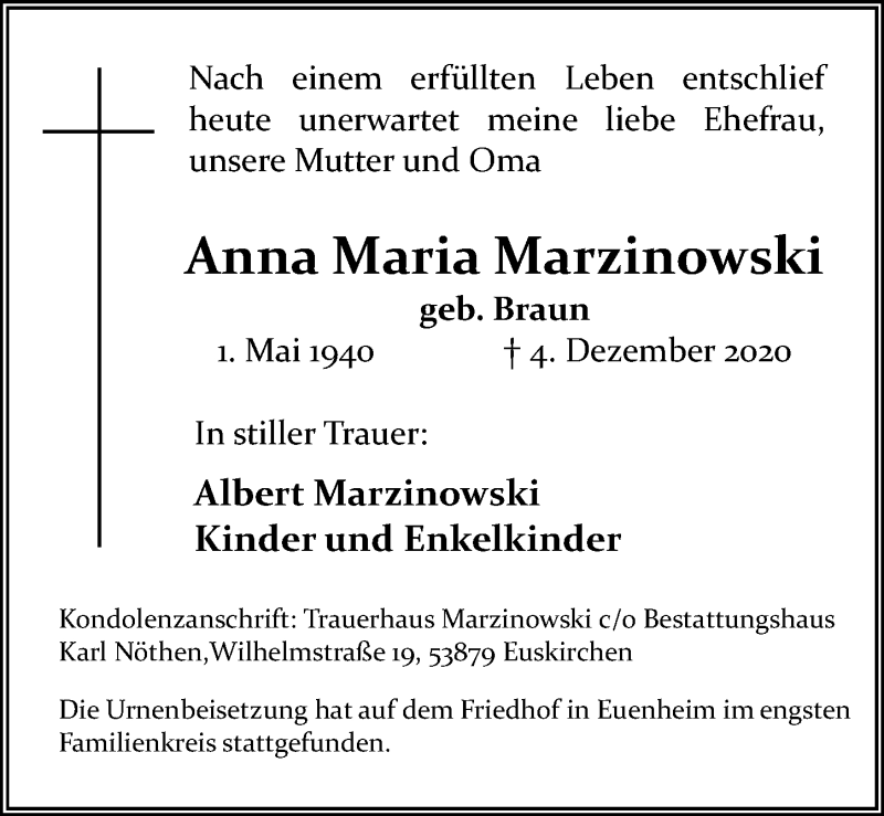  Traueranzeige für Anna Maria Marzinowski vom 12.12.2020 aus  Blickpunkt Euskirchen 