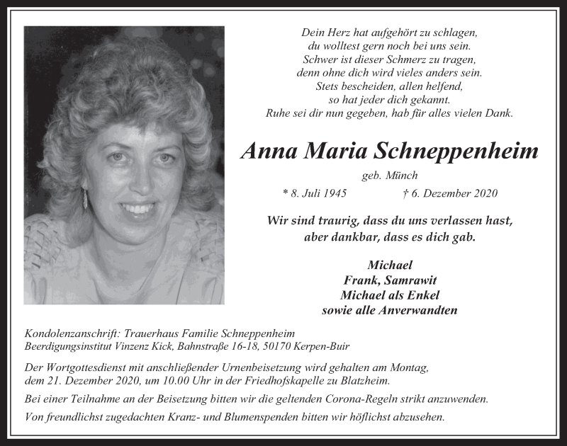  Traueranzeige für Anna Maria Schneppenheim vom 18.12.2020 aus  Werbepost 