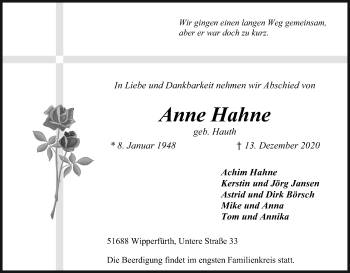 Anzeige von Anne Hahne von Kölner Stadt-Anzeiger / Kölnische Rundschau / Express