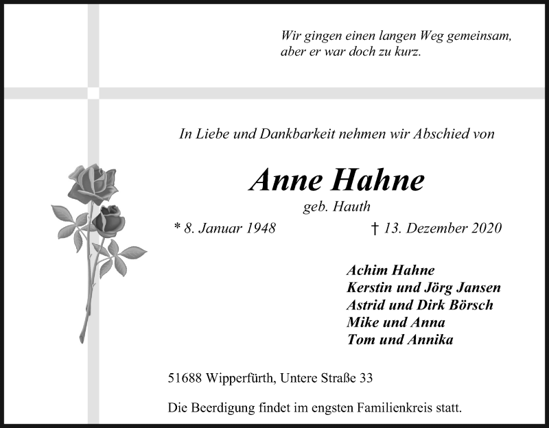 Traueranzeige für Anne Hahne vom 19.12.2020 aus Kölner Stadt-Anzeiger / Kölnische Rundschau / Express