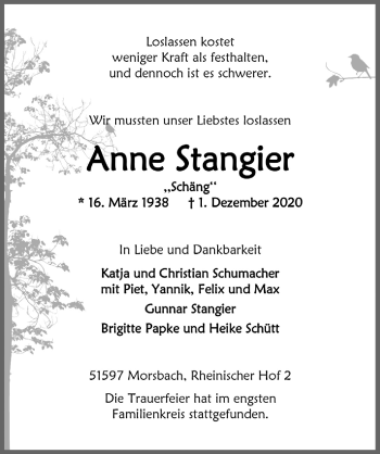 Anzeige von Anne Stangier von  Lokalanzeiger 