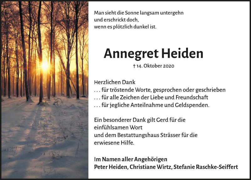  Traueranzeige für Annegret Heiden vom 04.12.2020 aus  Anzeigen Echo 