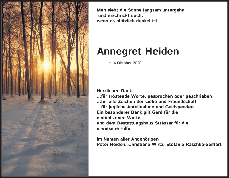  Traueranzeige für Annegret Heiden vom 05.12.2020 aus Kölner Stadt-Anzeiger / Kölnische Rundschau / Express