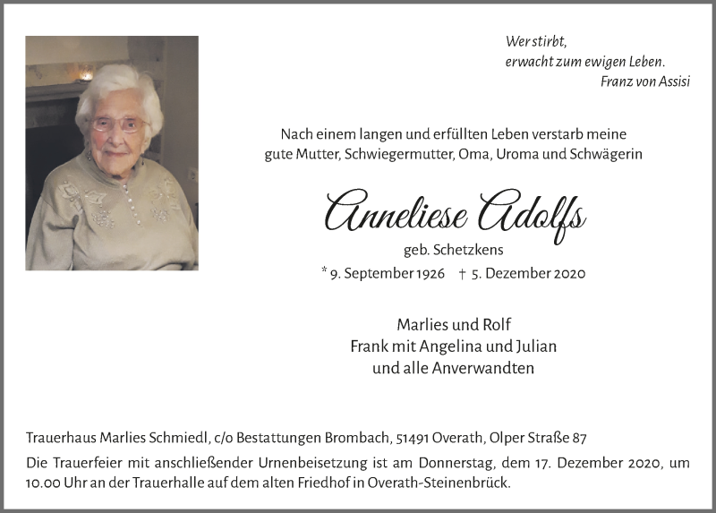  Traueranzeige für Anneliese Adolfs vom 11.12.2020 aus  Bergisches Handelsblatt 