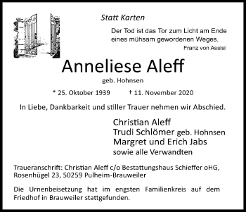 Anzeige von Anneliese Aleff von Kölner Stadt-Anzeiger / Kölnische Rundschau / Express