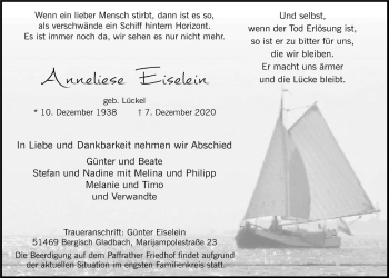 Anzeige von Anneliese Eiselein von  Bergisches Handelsblatt 
