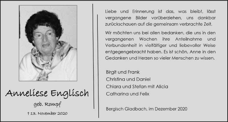  Traueranzeige für Anneliese Englisch vom 18.12.2020 aus  Extra Blatt 