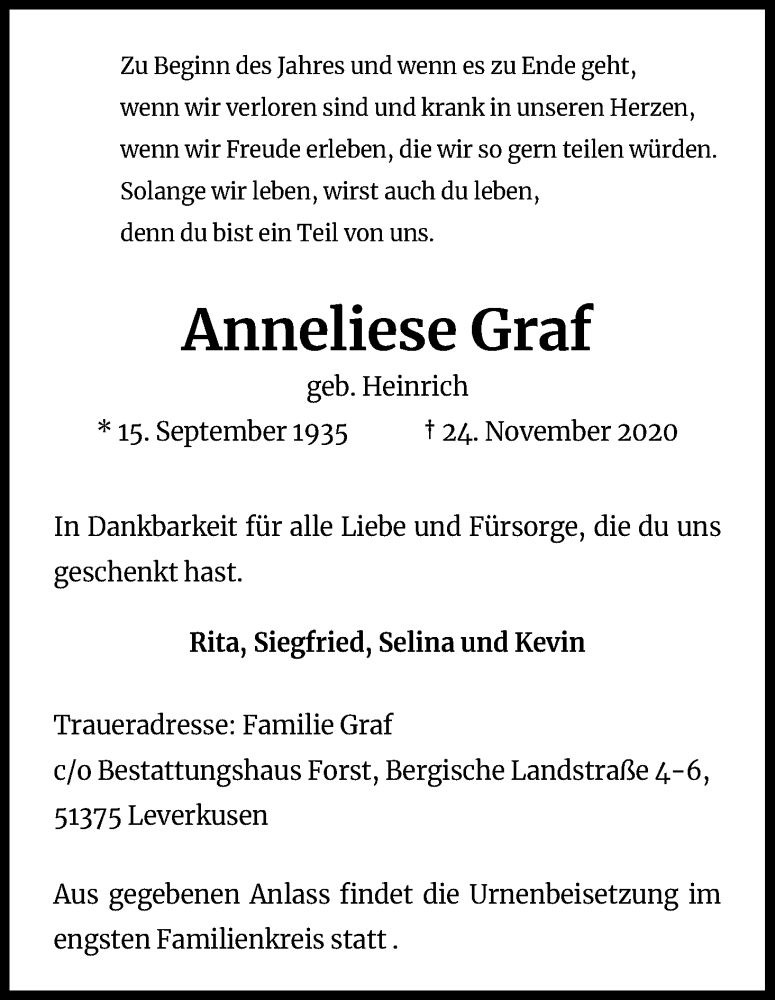  Traueranzeige für Anneliese Graf vom 05.12.2020 aus Kölner Stadt-Anzeiger / Kölnische Rundschau / Express