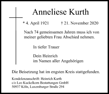 Anzeige von Anneliese Kurth von Kölner Stadt-Anzeiger / Kölnische Rundschau / Express