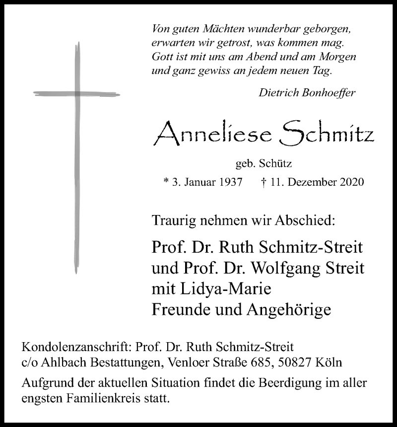  Traueranzeige für Anneliese Schmitz vom 19.12.2020 aus Kölner Stadt-Anzeiger / Kölnische Rundschau / Express